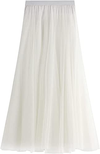 Damen Mädchen eleganter Rock Knielang hohe Taille mittellanger Netzrock Faltenrock A-Linie Rock Feenrock-weiß von FM2018XSL