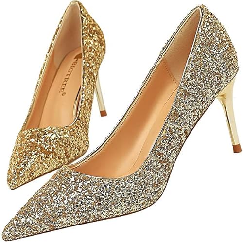 Damen Schuhe Abendschuhe High Heels mit Pailletten Absatz 7cm,für Hochzeit Abschlussball und Festival - Gold - Größe 39 von FM2018XSL