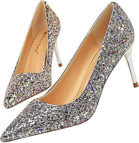 Damen Schuhe Abendschuhe High Heels mit Pailletten Absatz 7cm,für Hochzeit Abschlussball und Festival - Regenbogenfarbe - Größe 43 von FM2018XSL