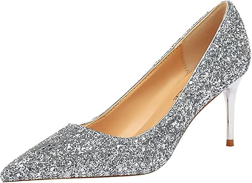 Damen Schuhe Abendschuhe High Heels mit Pailletten Absatz 7cm,für Hochzeit Abschlussball und Festival - Silber - Größe 38 von FM2018XSL