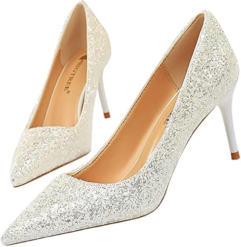 Damen Schuhe Abendschuhe High Heels mit Pailletten Absatz 7cm,für Hochzeit Abschlussball und Festival - Weiß - Größe 41 von FM2018XSL