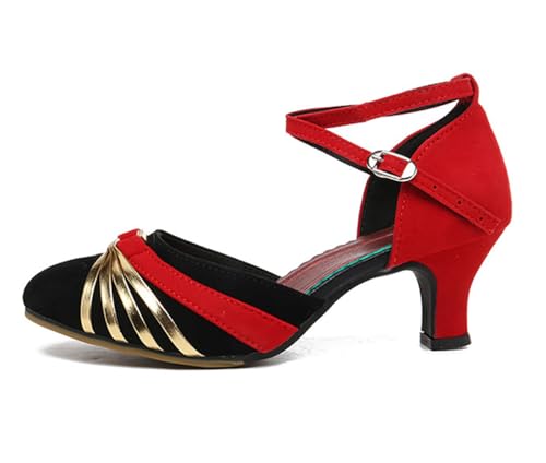 Damen Tanzschuhe Geschlossene Spitze Oberseite Velvet Latin Salsa Tango Prom (Rot Gold Innen, EU39) von FM2018XSL