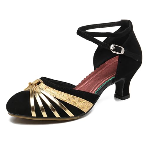 Damen Tanzschuhe Geschlossene Spitze Oberseite Velvet Latin Salsa Tango Prom (Schwarz Gold Außen, EU40) von FM2018XSL