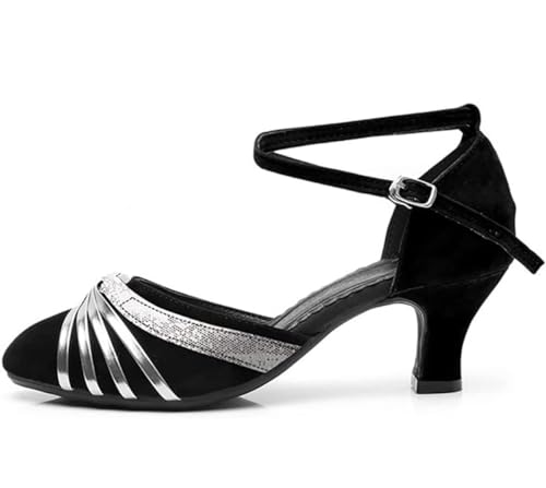 Damen Tanzschuhe Geschlossene Spitze Oberseite Velvet Latin Salsa Tango Prom (Schwarz Silber Außen, EU38) von FM2018XSL