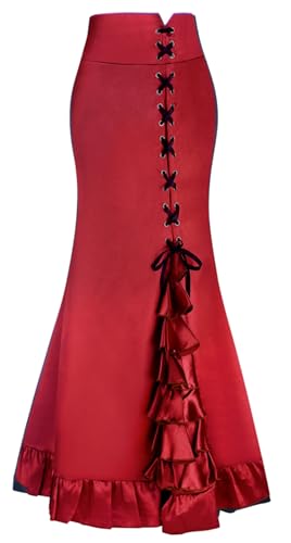 Damen Viktorianische Steampunk Rock Gekräuselt Vintage Bodycon Lang Röcke Fischschwanz Meerjungfrau Maxirock 3XL Rot von FM2018XSL