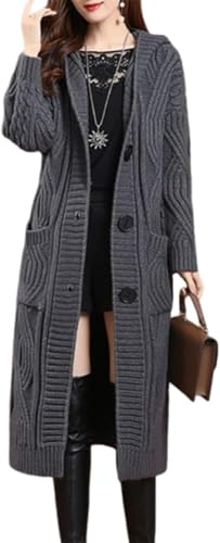 FM2018XSL Damen Lange Strickjacke mit Kapuze Übergröße Vorne Offen Lang Pullover Mantel Strickmantel für Herbst Winter Frühling, L,Schwarz Grau von FM2018XSL