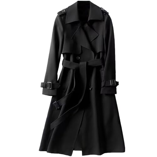 FM2018XSL Damen Langer Trenchcoat Frühling Herbst Schlank Leicht Windjacke Winddichter Zweireihiger Übergangsmantel mit Gürtel,M,Schwarz von FM2018XSL