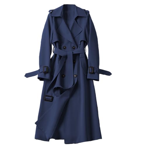 FM2018XSL Damen Langer Trenchcoat Frühling Herbst Schlank Leicht Windjacke Winddichter Zweireihiger Übergangsmantel mit Gürtel,XL,Dunkelblau von FM2018XSL