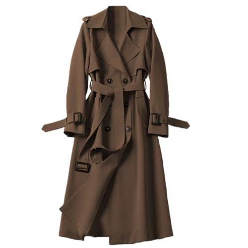 FM2018XSL Damen Langer Trenchcoat Frühling Herbst Schlank Leicht Windjacke Winddichter Zweireihiger Übergangsmantel mit Gürtel,XL,Kaffee von FM2018XSL