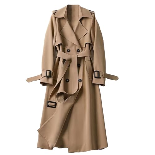 FM2018XSL Damen Langer Trenchcoat Frühling Herbst Schlank Leicht Windjacke Winddichter Zweireihiger Übergangsmantel mit Gürtel,XS,Khaki von FM2018XSL