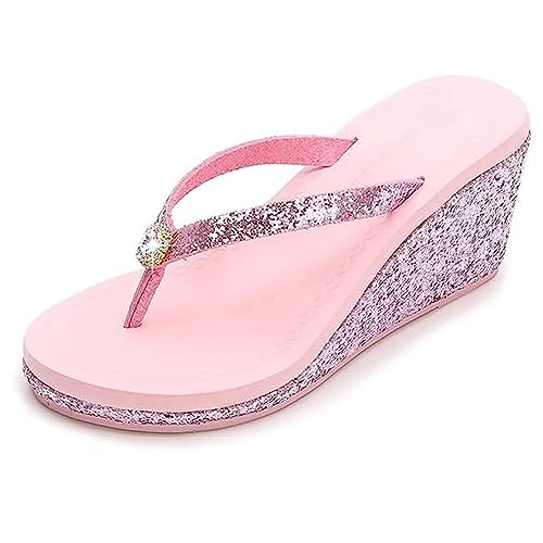 FM2018XSL Damen Mädchen Diamond Flip Flops Plateau Zehentrenner Pailletten Pantoffeln Faux PU Weicher Hausschuhe Lässige Mode slipper(Rosa Strasssteine,Größe 37) von FM2018XSL