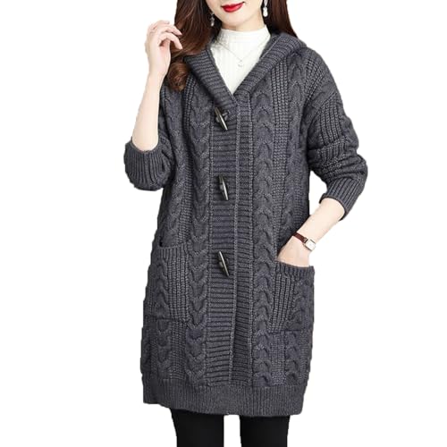 FM2018XSL Damen Strickjacke mit Kapuze Vorne Offen Mittellang Mantel Strickmantel mit Tasche für Herbst Winter Frühling,XL,Grau von FM2018XSL