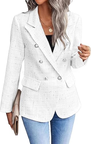 FM2018XSL Damen Tweed Jacken, offene Front Plaid Tweed Sude Jacke, Casual Langarm Büro Jacke Blazer mit Taschen Eleganter Mantelo von FM2018XSL
