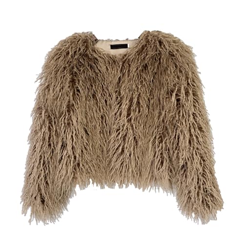 FM2018XSL Damen Winterjacke Vorne Offen Kurz Kunstfell Jacke Kunstpelz Mantel Herbst Winter Warme Oberbekleidung Für Damen,S,Khaki von FM2018XSL