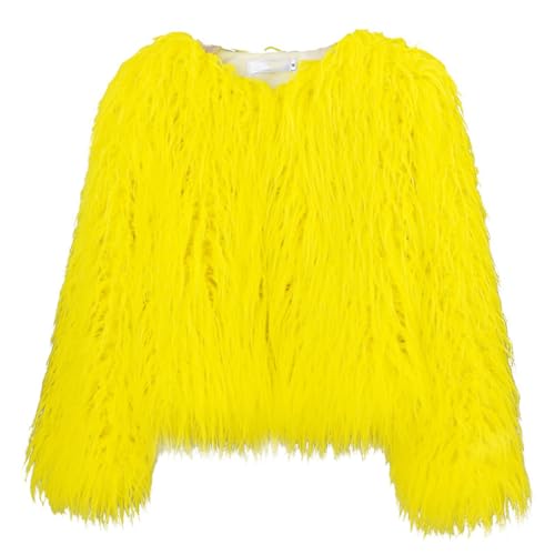 FM2018XSL Damen Winterjacke Vorne Offen Kurz Kunstfell Jacke Kunstpelz Mantel Herbst Winter Warme Oberbekleidung Für Damen,XS,Gelb von FM2018XSL