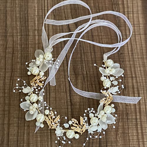 Kopfschmuck Hochzeit Braut Stirnband Perle Haarranke Blatt Haarband Brautschmuck Blumen Haarschmuck für Damen Mädchen (Gold, 1.77 * 12.8") von FM2018XSL