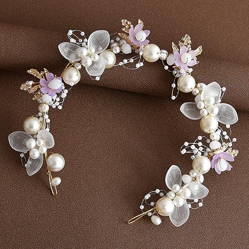 Kopfschmuck Hochzeit Braut Stirnband Perle Haarranke Blatt Haarband Brautschmuck Blumen Haarschmuck für Damen Mädchen (Lila, 1.77 * 12.8") von FM2018XSL