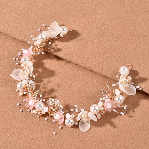 Kopfschmuck Hochzeit Braut Stirnband Perle Haarranke Blatt Haarband Brautschmuck Blumen Haarschmuck für Damen Mädchen (Rosa, 1.77 * 12.8") von FM2018XSL