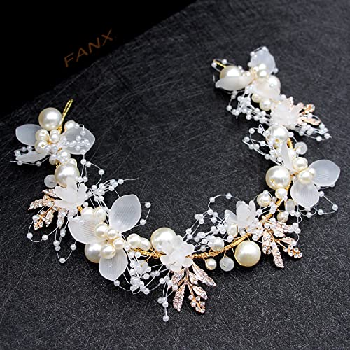 Kopfschmuck Hochzeit Braut Stirnband Perle Haarranke Blatt Haarband Brautschmuck Blumen Haarschmuck für Damen Mädchen (Weiß, 1.77 * 12.8") von FM2018XSL
