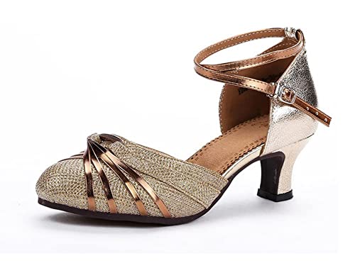 Lateinische Tanzschuhe für Damen, lateinamerikanische Schuhe mit Absatz 5,50 cm für Tango-Salsa., gold, 36 EU von FM2018XSL