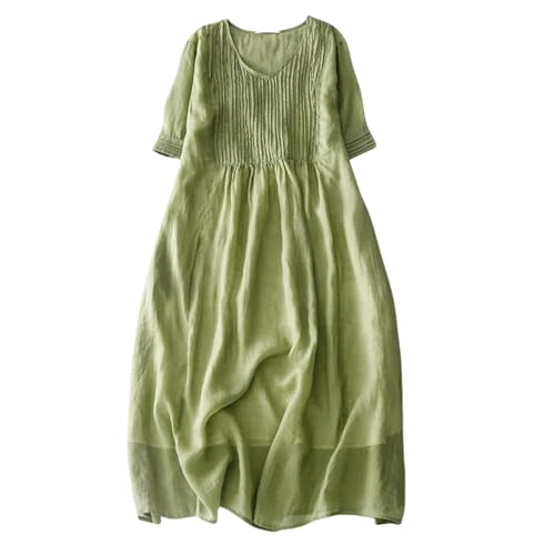 Sommerkleid Damen V Ausschnitt Kurzarm Midikleid Swing Freizeitkleider mit Taschen,XL,Grün von FM2018XSL
