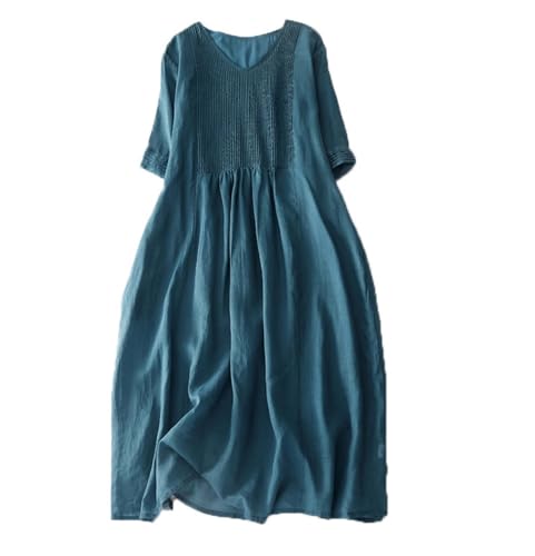 Sommerkleid Damen V Ausschnitt Kurzarm Midikleid Swing Freizeitkleider mit Taschen,XL,Seeblau von FM2018XSL