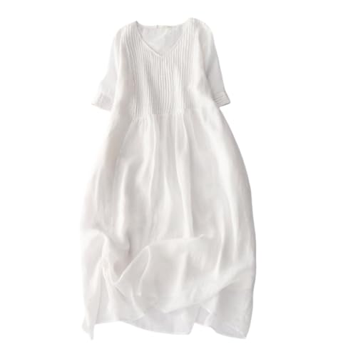 Sommerkleid Damen V Ausschnitt Kurzarm Midikleid Swing Freizeitkleider mit Taschen,XL,Weiß von FM2018XSL