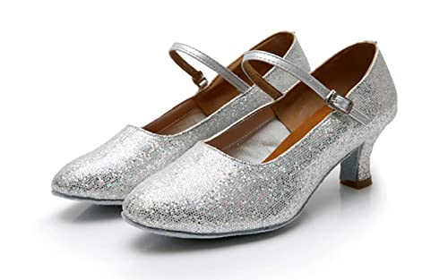 Tanzschuhe für Damen, Lateinamerikanisch, geschlossene Zehen, 5 cm, weich und leicht, rutschfeste Sohle, elegante und klassische Desisn., Indoor Silber, 37 EU von FM2018XSL