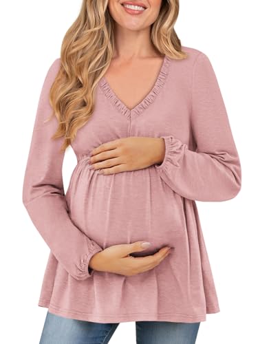 FMEYOA Damen Umstands-Tops Langarm V-Ausschnitt Herbst Lose Bluse Rüschen Babydoll Schwangerschaft Shirts S-2XL, Helles Pink, Mittel von FMEYOA