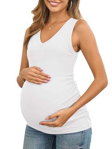 Umstands-Tanktops für Damen, Sommer, ärmellos, V-Ausschnitt, gerippt, eng anliegend, Bluse, seitlich gerüscht, Schwangerschafts-Shirts, Weiss/opulenter Garten, Groß Umstands-Tanktops für Damen, Sommer, ärmellos, V-Ausschnitt, gerippt, eng anliegend, Bluse, seitlich gerüscht, Schwangerschafts-Shirts, Weiss/opulenter Garten, Groß von FMEYOA