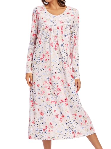 FMIRREO Langes Baumwoll-Nachthemd Damen Langarm Nachtwäsche Voller Länge Nachtkleid Weich Bequem Knopf Loungewear, Rosa Rot Grün Blume, XX-Large FMIRREO Langes Baumwoll-Nachthemd Damen Langarm Nachtwäsche Voller Länge Nachtkleid Weich Bequem Knopf Loungewear, Rosa Rot Grün Blume, XX-Large von FMIRREO