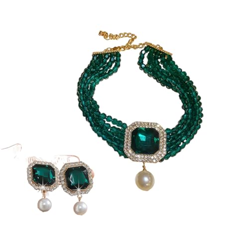 FMIYJUN Schmuck-Set, Halskette und Ohrringe, mehrschichtiges grünes Kristallglas, 28 cm Länge/8 cm Verlängerung, geeignet für Damen FMIYJUN Schmuck-Set, Halskette und Ohrringe, mehrschichtiges grünes Kristallglas, 28 cm Länge/8 cm Verlängerung, geeignet für Damen von FMIYJUN