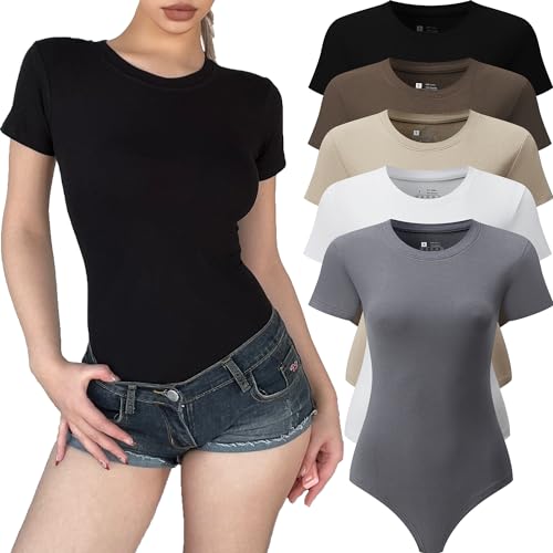 FMNNNN 5-teiliger Body für Damen, kurzärmelig, Rundhalsausschnitt, lässig, dehnbar, Basic-T-Shirt, Body-Shirt, 5-teilig: Schwarz/Weiß/Kaffee/Khaki/Grau, XXL von FMNNNN