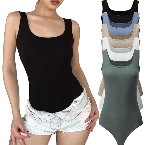 FMNNNN 5-teiliger Damen-Body, sexy, gerippt, ärmellos, quadratischer Ausschnitt, ärmellos, Tank-Top, Bodys, 5-teilig: Schwarz/Weiß/Khaki/Blau/Grün, M von FMNNNN