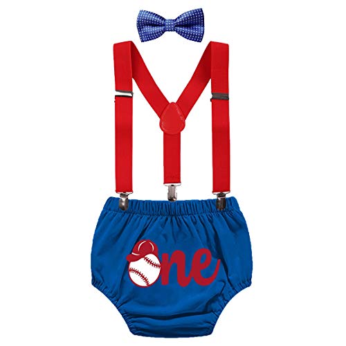 FMYFWY Baby Jungen 1. Geburtstag Outfits Baseball Thema Kuchen Smash Fotoshooting Set Bloomers Windelüberzug Strapse Fliege Gr. One size, 005 Königsblau. von FMYFWY