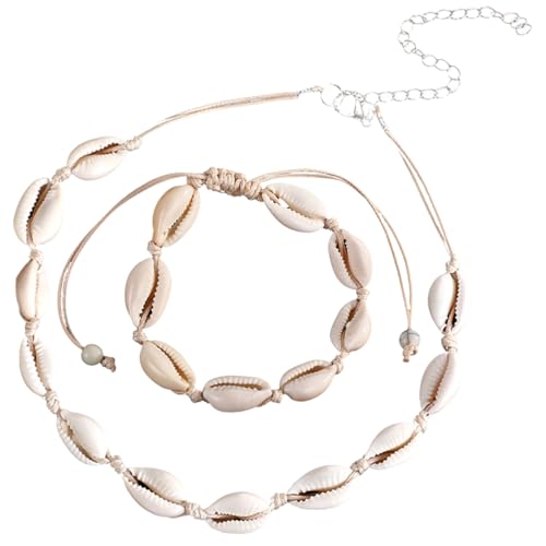 FMYODWU 2 Stück Muschel Halskette Armband Set, Natürliche Muschel Schmuck, Weiß, Frauen Geschenk für Strandurlaub und Freizeitaktivitäten von FMYODWU
