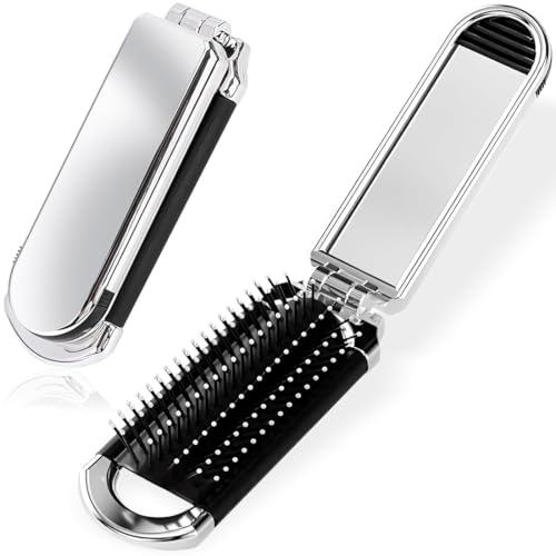 FMYODWU 2 Stück Reise Haarbürste mit Spiegel, faltbare Haarbürste mit Spiegel Tasche nasses Haar Bürste, faltbare Haar Massage Kamm Compact Silber, tragbare Silber Haar Styling Kamm für Männer Frauen von FMYODWU