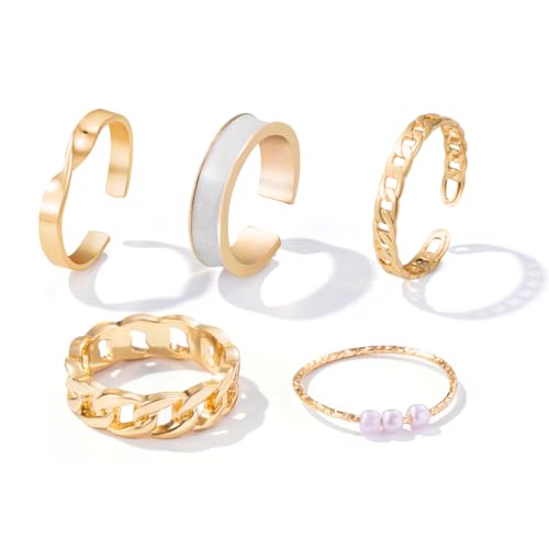 FMYODWU 5 Stück Ringe Damen Gold einstellbare Ring-Set, solide Farbe Ringe, einfache Daumen Ring-Set, einfache elegante Rüsche, Twisted Ringe Damen von FMYODWU