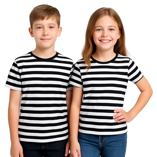 FNA FASHIONS Unisex-Kinder-T-Shirts, gestreift, weiche Baumwolle, kurzärmelig, für Jungen und Mädchen, lässige Alltagskleidung, T-Shirts für Kinder, Größe 5–13 Jahre, schwarz/weiß, 5-6 Years von FNA FASHIONS