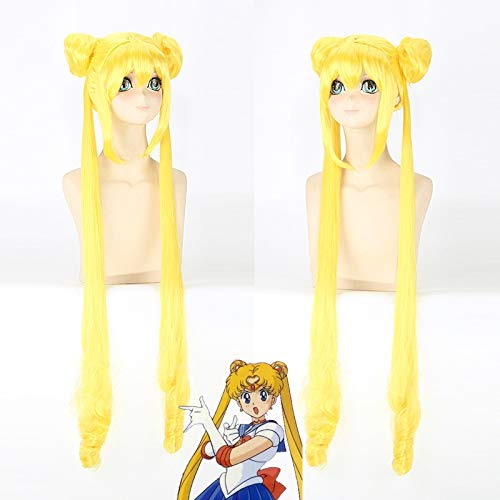Anime Sailor Moon Long Straight Doppelzöpfe Lemon Yellow Blonde Synthetische Cosplay Perücke Für Halloween Party Kostüm PL-076 von FNBK