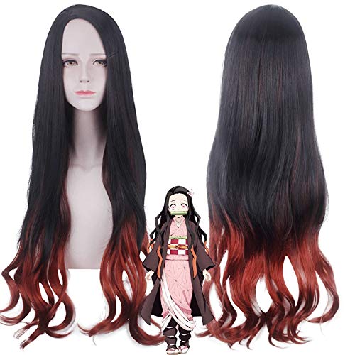 Dämonentöter Nezuko Kamado Cosplay Perücke Kimetsu No Yaiba Hitzebeständig Langes lockiges Haar Cosplay Kostüm Anime Perücken + Perückenkappe KUPL180 von FNBK