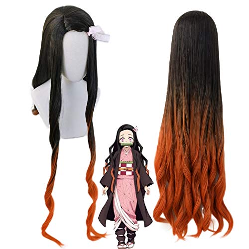 Frauen Kamado Nezuko Cosplay Perücke Dämonentöter: Kimetsu No Yaiba Schwester Schwarz Mit Orange Langes Welliges Haar MZ-374 von FNBK