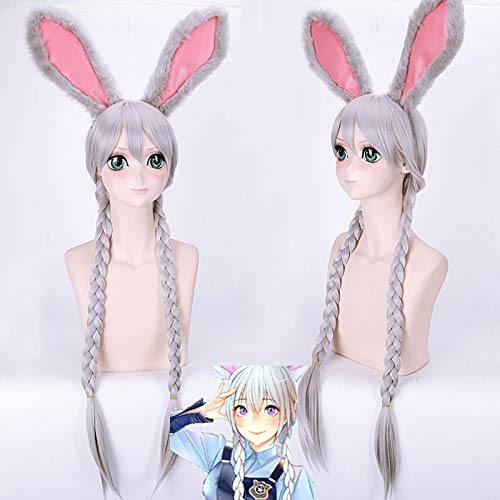 Kaninchenohren + silbergrau lange Doppelgeflecht Judy Bunny synthetische Cosplay Perücke für Party Kaninchen Ohr Requisiten Perücke von FNBK