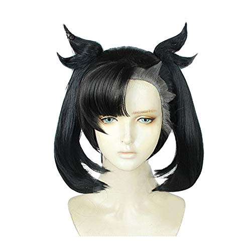 Pokemon Schwert und Schild Marnie Cosplay Perücke Halloween Party Karneval Kurze schwarze synthetische Perücken mit Pony Double Braid AG-015 von FNBK