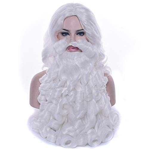 Weihnachten Cosplay Perücken Bart Weihnachtsmann Bart Perücke Weiß Langes lockiges Kunsthaar Erwachsene Kostüm Rollenspiel Weihnachtsgeschenk 80cm Perücke Bart von FNBK