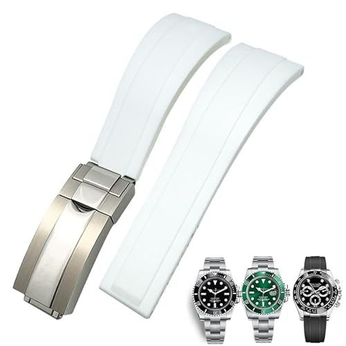 FNDWJ 20 mm Gummiarmband für Rolex Daytona Submariner GMT Yacht-Master OYSTERFLEX Silikonarmband mit Faltschließe(White,20mm SilverGold buck) von FNDWJ