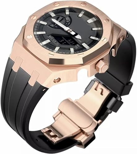 FNDWJ Edelstahl-Schutzhülle mit Silikonband, für GA2100-Serie, Modifikationsset, 316L Stahl, Schmetterlingsschnalle, weiches Silikonband für Herren, Einheitsgröße, Achat von FNDWJ