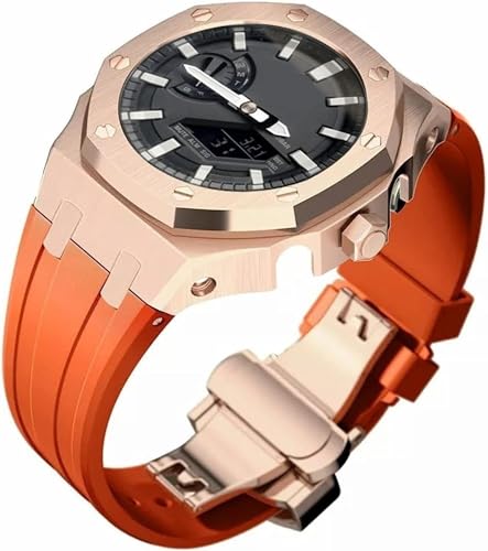 FNDWJ Edelstahl-Schutzhülle mit Silikonband, für GA2100-Serie, Modifikationsset, 316L Stahl, Schmetterlingsschnalle, weiches Silikonband für Herren, Einheitsgröße, Achat von FNDWJ