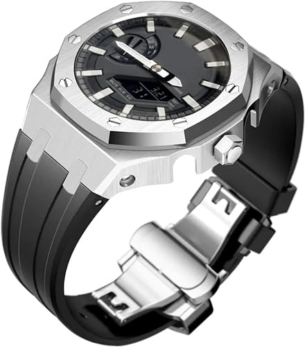 FNDWJ Edelstahl-Schutzhülle mit Silikonband, für GA2100-Serie, Modifikationsset, 316L Stahl, Schmetterlingsschnalle, weiches Silikonband für Herren, Einheitsgröße, Achat von FNDWJ