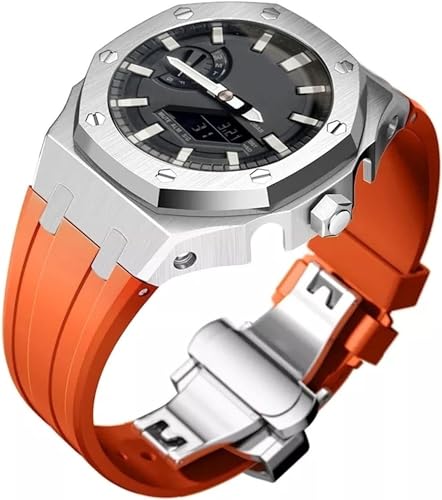 FNDWJ Edelstahl-Schutzhülle mit Silikonband, für GA2100-Serie, Modifikationsset, 316L Stahl, Schmetterlingsschnalle, weiches Silikonband für Herren, Einheitsgröße, Achat von FNDWJ